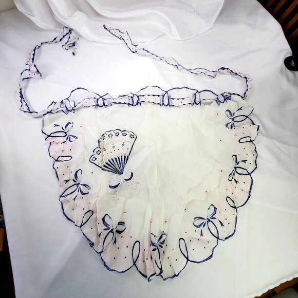 VTG White Blue Waist Half Apron Bow & Fan Cottagecore Farm Chore Boho Chic *READ - Picture 9 of 9